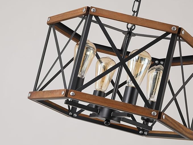 4-Light Large Rustic Farmhouse Plug in Pendant Light Fixture with Adjustable Chain, Dimmable Switch, 20 inch Oak Wood and Metal Cage Hanging Lamp for Dining Room Living Room Farmhouse Entry, Black