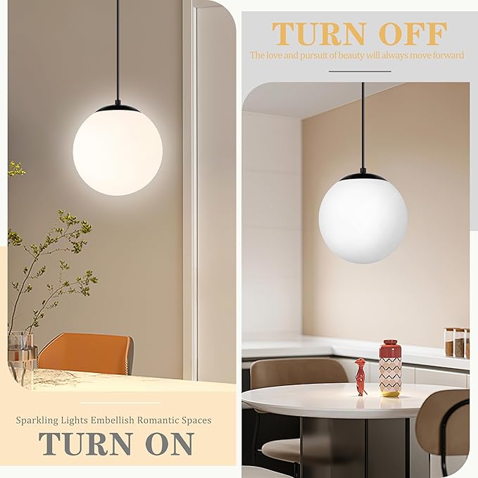 KoKo&Yukina 10" Globe Pendant Light Black Plug in Pendant Light Adjustable Hanging Lights with Plug in Cord Matte Black Finished with Milk Glass Lampshade for Bedroom Kitchen Island（Bulb Included）