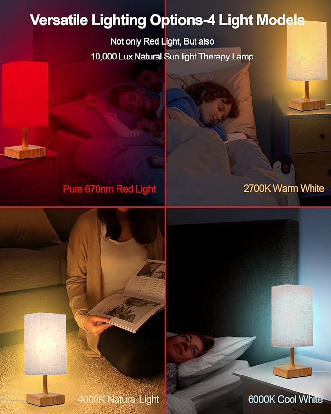 Red Light Night Light Lamp for Sleep, 670nm Red Nightlight Desk Lamp for Bedroom with Multi-Color and Brightness Options Remote Control USB Charging Elegant Design