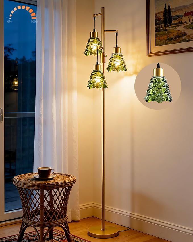 Lightdot 65" Glass Floor Lamps for Living Room, 3-Light Dimmable Floor Lamp with Green Glass Shade& E12 Bulbs Included, Mid Century Standing Tall Lamp for Bedroom/Sofa Beside/Corner Decor-Gold