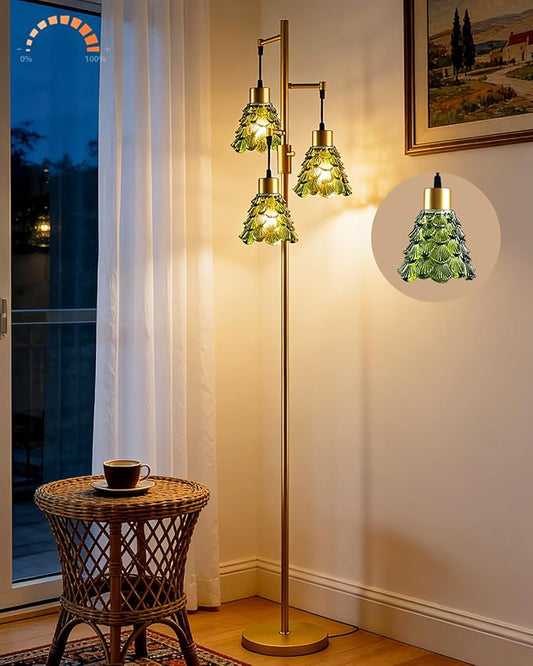 Lightdot 65" Glass Floor Lamps for Living Room, 3-Light Dimmable Floor Lamp with Green Glass Shade& E12 Bulbs Included, Mid Century Standing Tall Lamp for Bedroom/Sofa Beside/Corner Decor-Gold