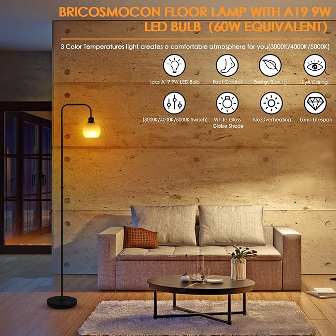 Modern Floor Lamp for Living Room, Black, with 3 Color Temperatures LED Bulb, Industrial Design, 63.2 in H, White Glass Shade, E26 9W A19 LED Bulb Included
