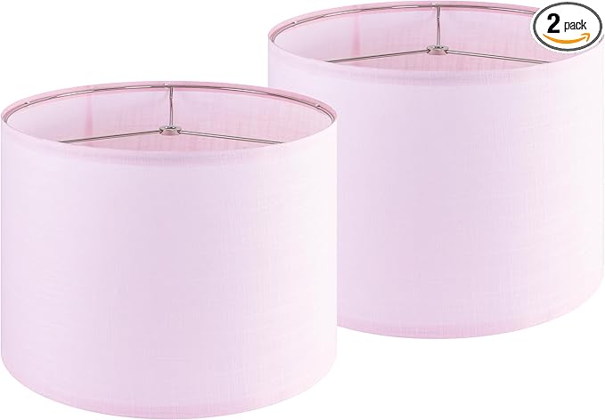 PIKOPIKO Pink Linen Set of 2 Medium Drum Lamp Shade, Easy Assembly Required 13" Top x 13" Bottom x 10" High Replacement Lamp Shades, Fabric Lampshades for Table Lamps Floor Lamps, Metal Spider Fitter