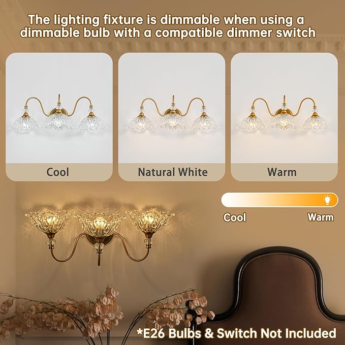Vintage Bathroom Vanity Light, 3-Light Matte Brass Finish Vanity Light with Floral Clear Glass Shades, Retro Wall Sconce for Bathroom, Dressing Table