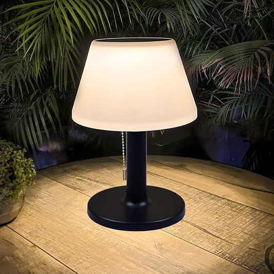 shumi Solar Table Lamp Outdoor Indoor - 3 Lighting Modes, Eye-Caring LED Cordless Waterproof Solar Desk Lamp with Pull Chain for Outside Patio Garden Bedroom Living Room (Modern Black Decor)