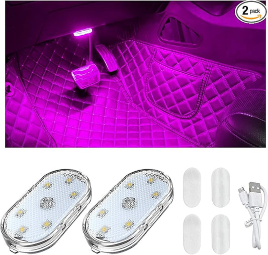 2 PCS Car LED Lights Interior Wireless, Sticky Car Ambient Lighting with 6 Bright LED Lamp Beads, Portable USB Rechargeable Vehicle Interior Led Night Light for Car (Pink)