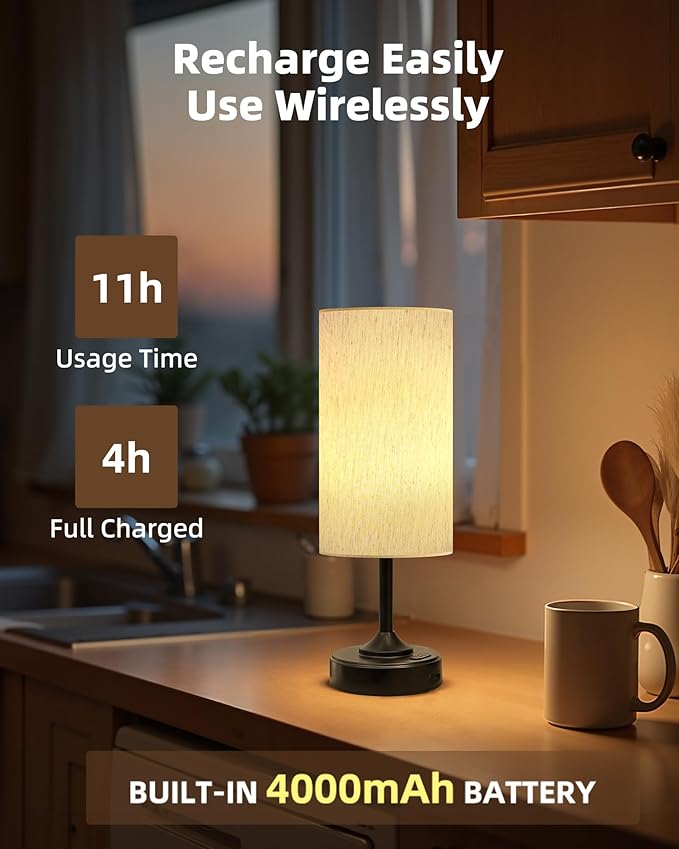 Battery Operated Lamp, Dimmable, Ambient Light, 2700K, Timer, Touch Control, Portable, LED, Wireless, Rechargeable, Cordless, Desk Lamp, Kitchen Lamp, Fabric Shade, for Bedroom, Living Room, Dorm