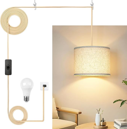 Plug in Pendant Light, Hanging Lamp with Plug in Cord, Rustic Farmhouse Hanging Lights with 3-Way Dimmable Bulb, Pendant Lights Fixtures for Kitchen Dining Room Bedroom Entryway, (Beige Shade)
