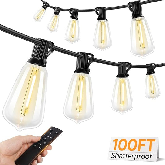 Brightever LED Outdoor String Lights with Remote, 100FT Commercial Grade Waterproof Outdoor Patio Lights, 30+2 ST38 Dimmable Edison Bulbs, 2700K Warm White Rope Light for Outside, Low Voltage 24V