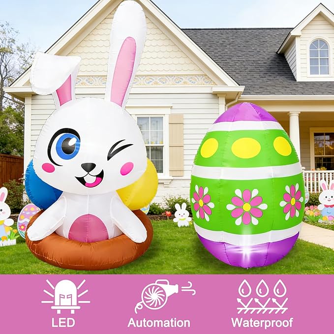 Dearsun Set of 2PCS, 4FT H Easter Inflatable Bunny and Egg, Outdoor Easter Egg Hunting Sign Decorations, Cute Easter Blow up Winking Bunny & Giant Egg, Yard Decoration with LED Lights for Party Decor