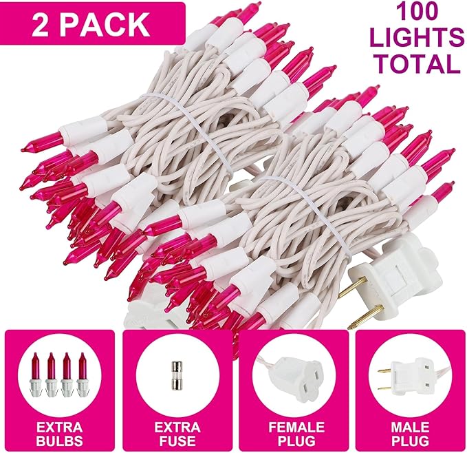 WATERGLIDE 2 Pack Valentine's String Lights, 50 Count 11.5FT White Wire Mini Incandescent Christmas Fairy Light, UL Certified for Patio Wreath Garland Garden Easter Holiday Outdoor Indoor Decor, Pink