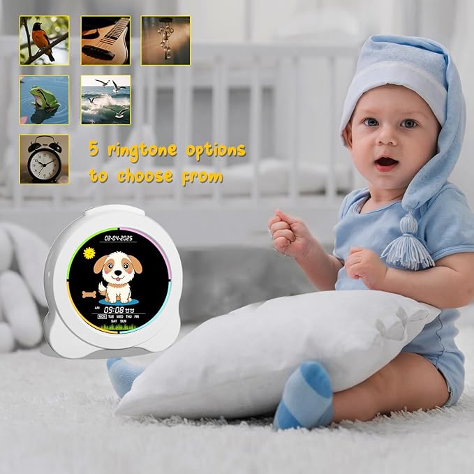 Kids Alarm Clock Sun & Moon& Dog LED Display with Day & Date OK to Wake Clock with Night Light for Kids Children's Sleep Trainer Gift for Boy and Girls