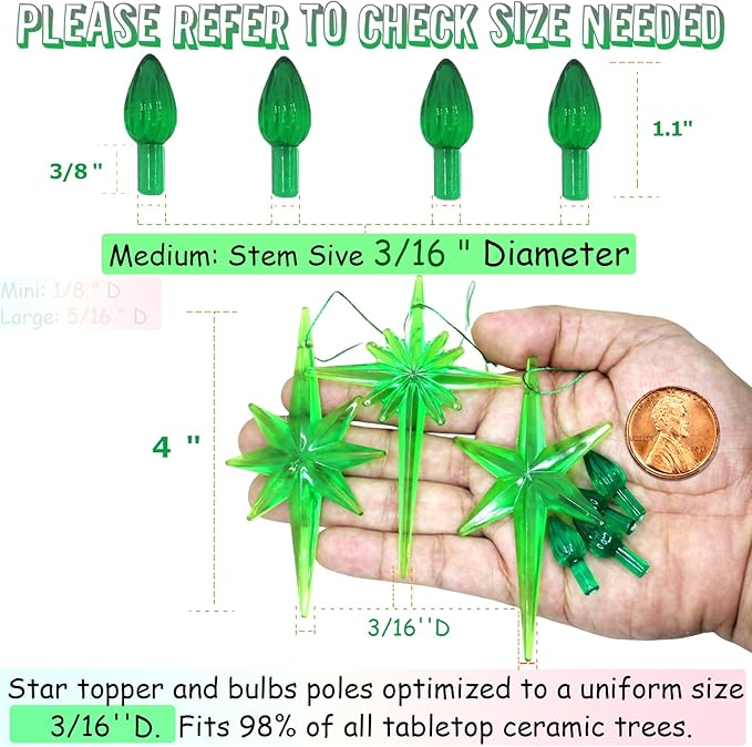 Ceramic Christmas Tree Replacement Lights Bulbs, Green Medium Twist Plastics Pegs Ornaments for Ceramic Tree(87 Bulbs＆ 3 Topper Star)