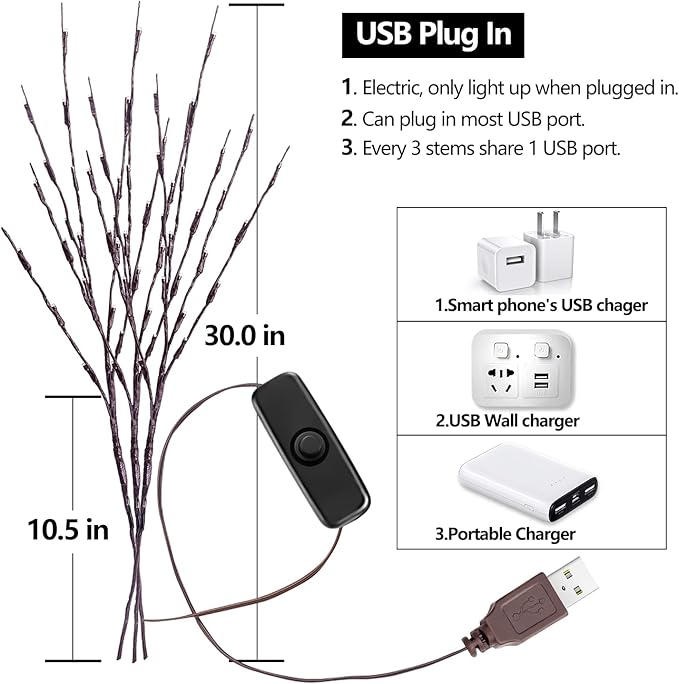 KXCOFTXI 3 Pack Twig Lights, Prelit Branches, USB Plug in Branches Lights with 60 LED Bulbs, Romantic Decorative Iights for Vase, Lighted Tree Branches for Indoor, Plug in Lighted Branches for Party