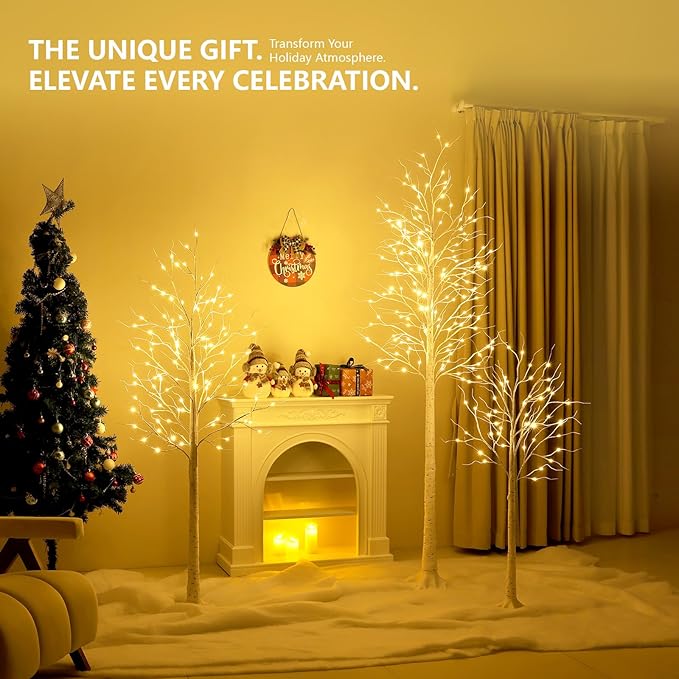 LED Birch Tree Set of 3,4ft 6ft 8ft White Christmas Tree Lights for Indoor,Prelit Artificial Tree with Warm Lights for Porch, Party,Thanksgiving Decor