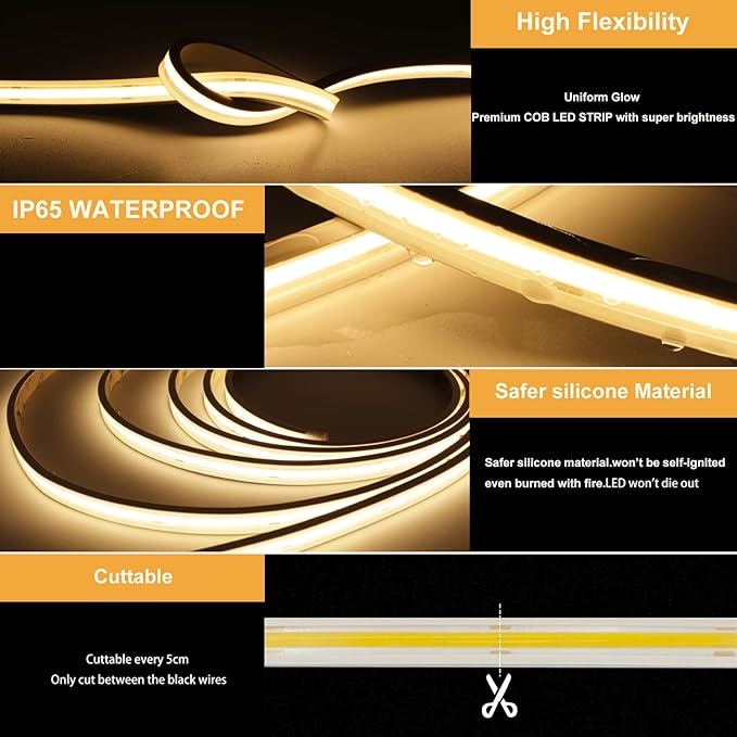 COB LED Strip Lights,2700K Warm White,24V led Light Strips Waterproof,480LEDs/M,16.4ft/5M,CRI90+ Outdoor cob led,Ip67 Sauna Lights for Sauna Room,Pool,Garden,(Power Not Included)