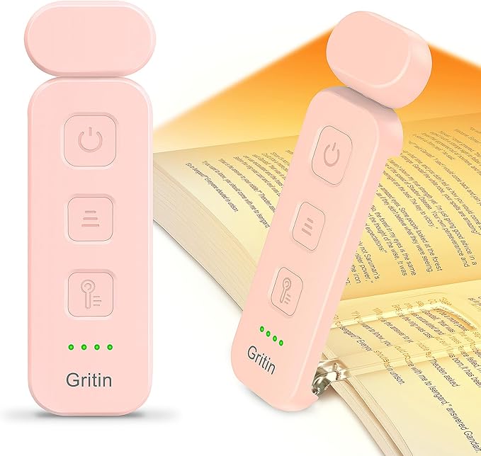 Gritin Reading Light, Rechargeable Book Light for Reading in Bed - Eye Caring 3 Color Temperatures, 5-Level Dimmable Brightness, Long Lasting, Compact Size Clip on Book Lamp for Bookworms-Pink