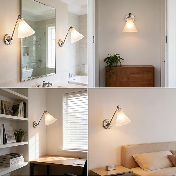 Industrial Vintage Slope Pole Wall Mount Single Sconce with Funnel Flared Clear Glass Shade, Swing Arm Wall Sconce Light Lamp Fixture Hardwired