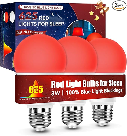 Neporal 625nm Red Light Bulbs for Sleep 3W, 100% Blue Light Blocking Light Bulbs for Melatonin Promoting, A19 LED 40W Equivalent Dim Red Night Light Bulb for Baby Nursery, Sleeping, Reading, 3-Pack
