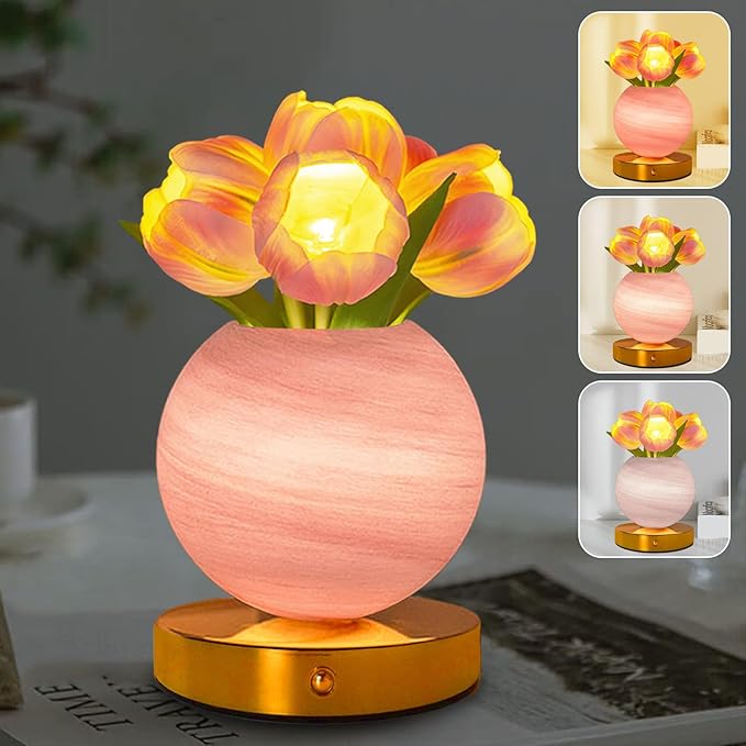 Tulip Table Lamp, Rechargeable Cordless Touch Dimming Artificial Tulip Flower Desk Lamp, LED Flower Bedside Night Light Romantic Gifts for Girl Women Mom (Pink Tulip)