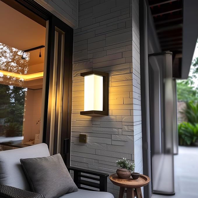 Black Exterior Lighting Fixtures, Rectangular Modern Front Porch Light Fixtures, 12W Outdoor Wall Light Fixtures Wall Mount, IP65 Waterproof Outdoor Wall Sconce 3-Color-Changeable