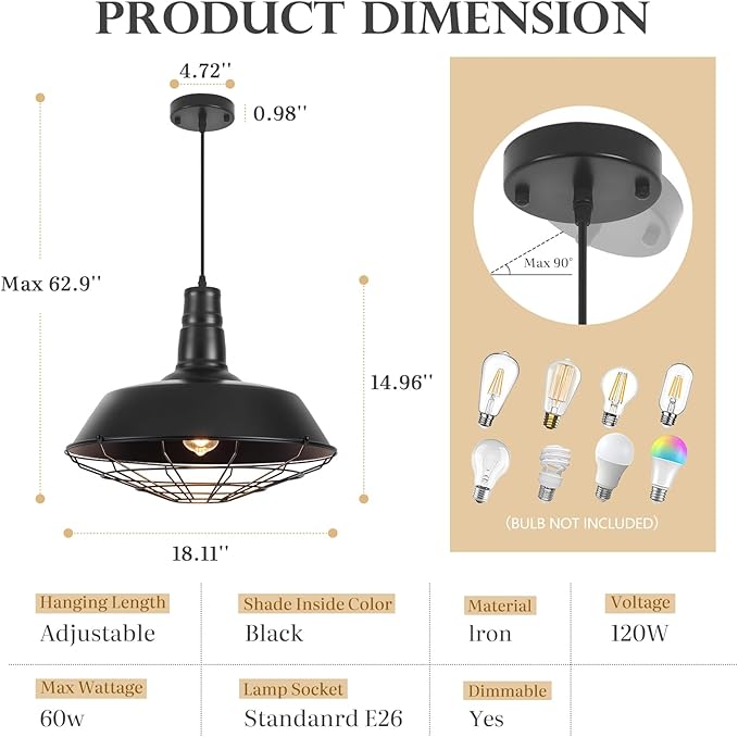 Black Farmhouse Pendant Light, 18.1 Inch Large Pendant Lights Kitchen Island, Industrial Pendant Light with Wire Cage, Barn Light 1 Pack, Island Pendant Lights for Kitchen Barn Dining Room