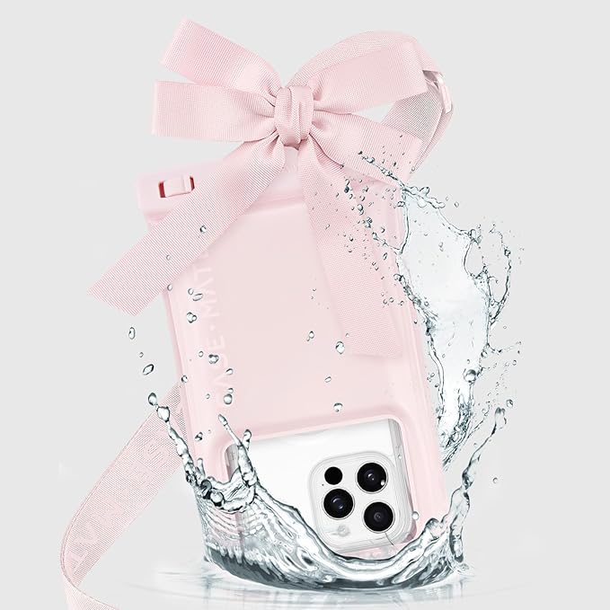 Case-Mate IP68 Waterproof Large Phone Pouch with Bow Design - Travel Beach Cruise Ship Essentials - Floating Phone Case with Crossbody Lanyard for iPhone 17 Pro Max/16 Pro/15/14/13/S26 - Ballet Pink