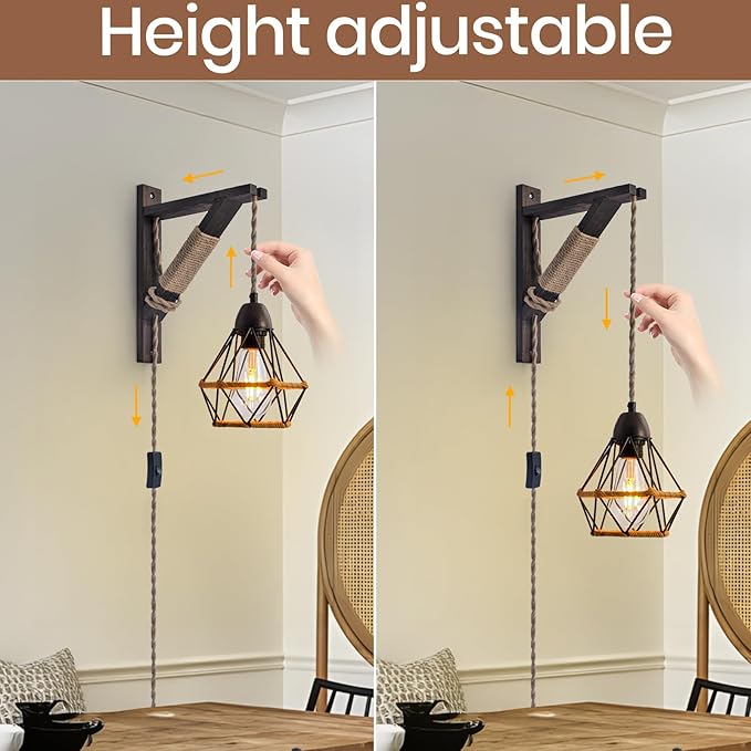 SEEBLEN Plug in Wall Light Sconce Set of 2,Farmhouse Wall Lamp with Plug in Cord On/Off Switch,Industrial Lamp with Metal Cage for Bedroom Headboard Living Room.