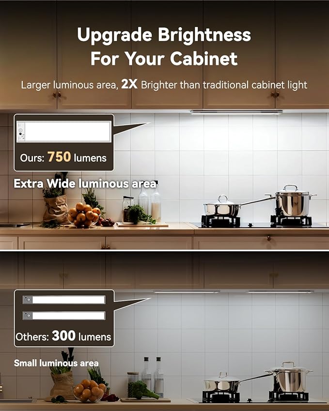 Under Cabinet Lighting Wireless,750LM Ultra-Bright Hand Wave Motion Sensor, 6000mAh Rechargeable Battery Longer Lasting Time Pantry Lights,3 Colors Dimmable Closet Light for Kitchen,Wardrobe,Stairs