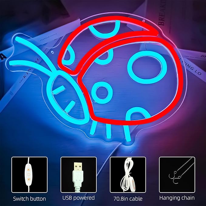 Ladybug Neon Signs for Wall Decor Cute Neon Sign Ladybug Led Sign Ladybug Light Up Sign Dimmable Neon Lights for Bedroom Birthday Party Easter Christmas Ladybug Decor Gifts