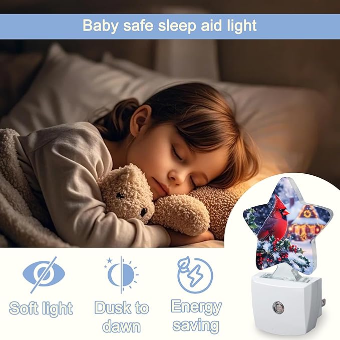 Winter Red Cardinal Dusk to Dawn Star Night Light,Christmas Tree Smart Sensor Nightlight for Bedroom Kitchen Hallway Stairs,Plug-in Energy Efficient Decor Desk Lamp Women Men Gifts
