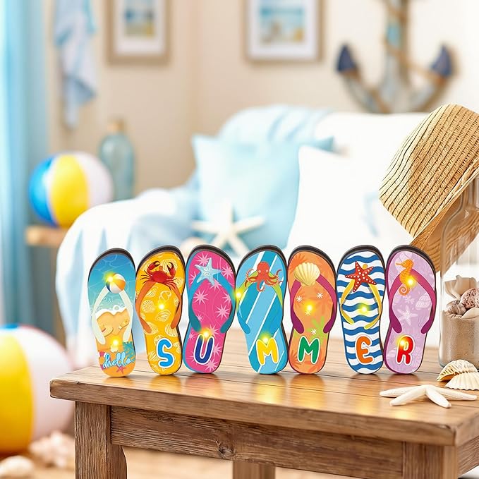 Yousoontic Summer Beach Flip Flop Table Centerpiece Decor - 3D Wooden Slippers Sign with LED Lights, Hawaii Luau Tropical Decor for Home Mantel, Desk & Party