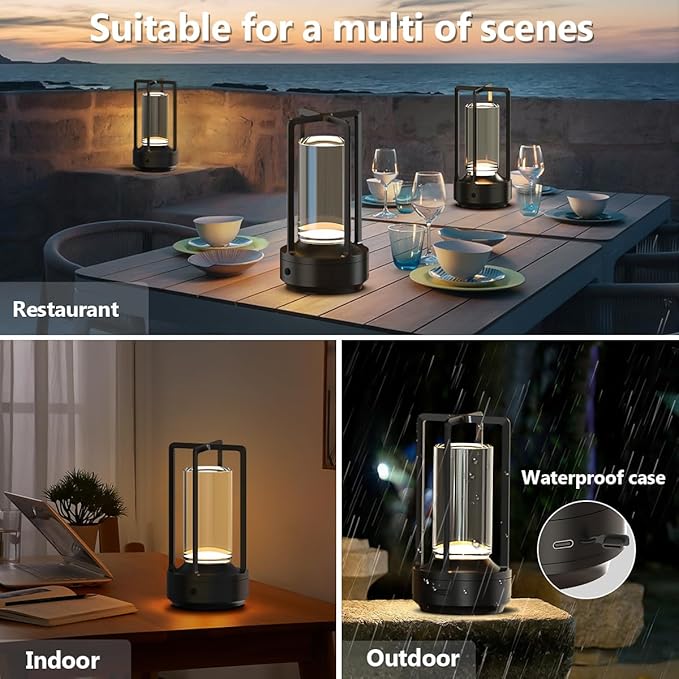 Small Cordless Table Lamps Rechargeable Set of 2 for Indoor/Outdoor, Portable Battery Operated Powered Lamps, Dimmable 3 Color Modes Waterproof, LED Desk Lights for Bedroom/Restaurant/Camping-Black