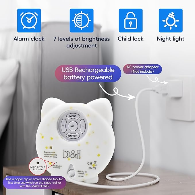 B&H Sleep Trainer Clock for Toddler, Cute Kids Ok to Wake Alarm Clock, Drop Proof, Rechargeable Young Children Night Light, Science-Backed Lighting for Peaceful Sleep and Ready to Wake Mornings