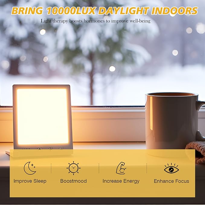 Sun Light Therapy Lamp with Red Light - 10000 Lux LED Sun Light Therapy Lamp for Face, Improving Mood, Energy, Sleep & Skin Care, with 4 Light Modes & 5 Brightness Levels, Timer, UV-Free