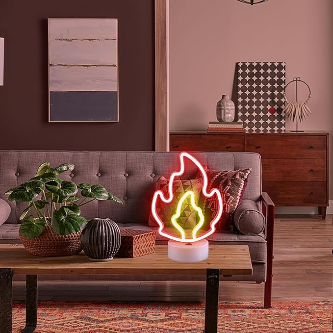Fire Flame Neon Sign with Base, LED Fire Neon Lights for Room Decor, USB & Battery Powered Table Lamp Flame Led Light Sign for Home, Bedroom, Party, Birthday, Christmas Decor, Kids Gift