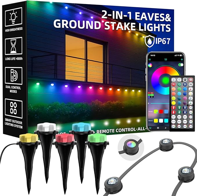 200 FT Permanent Outdoor Lights, Waterproof 2-in-1 Eaves & Ground Stakes LED String Lights with App/Remote Control for House, Garden– Smart Color-Changing Lighting for Halloween Christmas Decorations