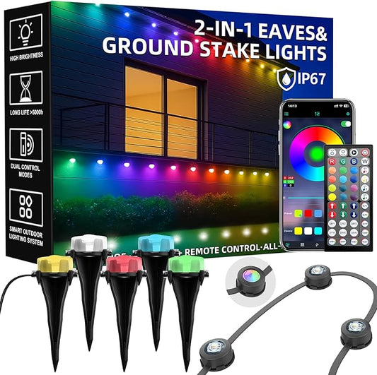 200 FT Permanent Outdoor Lights, Waterproof 2-in-1 Eaves & Ground Stakes LED String Lights with App/Remote Control for House, Garden– Smart Color-Changing Lighting for Halloween Christmas Decorations