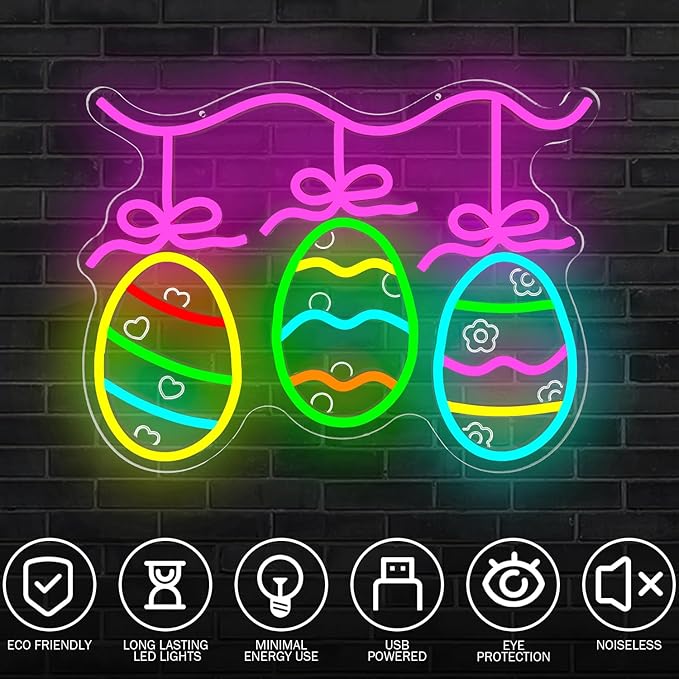 Easter Egg Neon Sign Eggs Decorations LED Sign for Home Dimmable Colorful Easter Light Sign for Bar Office Bedroom Light Up Bunny Sign Eggs Wall Art Festive Gifts for Kids Girls