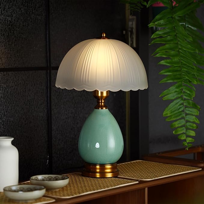 Ceramic Table lamp, Modern Bedside Lamps Green Mid Century Vintage Desk Lamp Retro Glass Mushroom Traditional Lamp for Nightstand Living Room Bedroom Home Decor (S04GN-1PACK)
