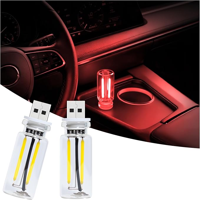 Car USB Night Light Touch Dimmable - 2-Pack Retro LED Filament Lamp for Truck Interior, Bedroom & Camping | Glass Bottle Ambiance Lighting (Red)