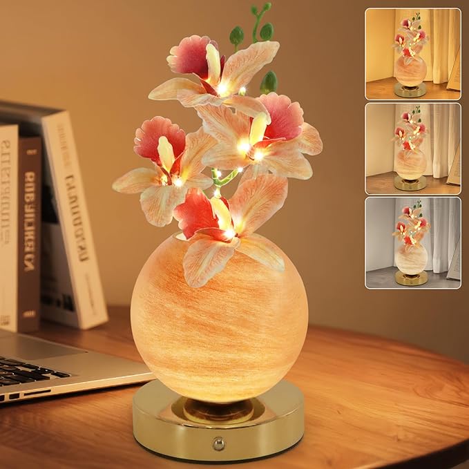 Flower Table Lamp, 3 Colors Orchid Night Light, Cordless Touch Dimming Artificial Flower with Vase Lamp, LED Desktop Decorative Landscape Lights for Festival Party Home Decor (Champagne Orchid)