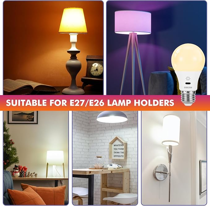 LED Rechargeable Light Bulbs with Remote ＆ Touch Dimmable, E26 Battery Operated Light Bulb for Lamps, RGB 12 Colors, 2600mAh USB Battery Backup Light Bulb with Timer, A19 Small Light Bulbs 1 Pack