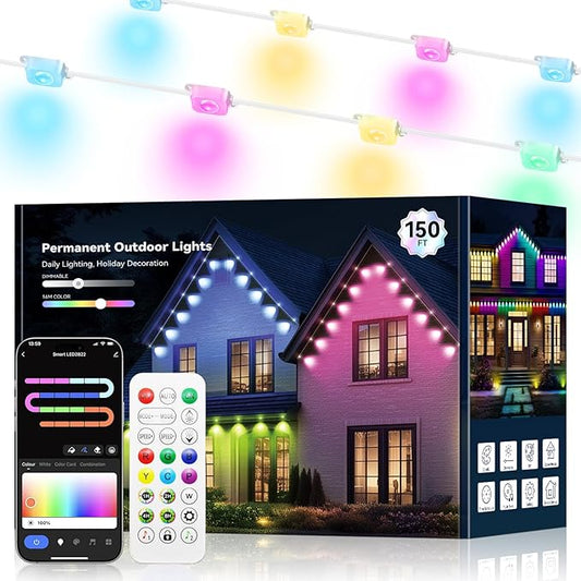 Permanent Outdoor Lights for House -Eaves Lights 150FT with 75 IC+RGBCW LED IP67 Waterproof, Smart Outside LED Christmas Light with App/Remote, Eternity Lighting for Holiday/Daily