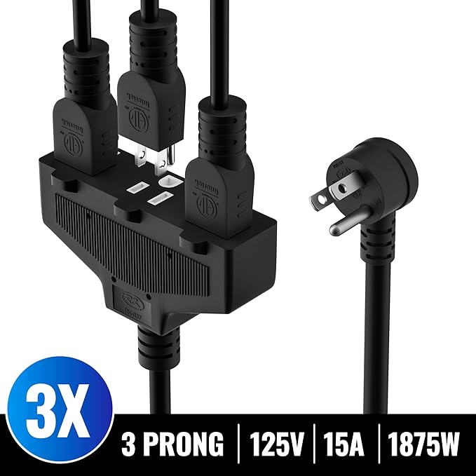 Outdoor Extension Cord 50 Ft with 3 Outlets, 14/3 SJTW 3 Prong Grounded Power Cord, 14 Gauge 14AWG Heavy Duty Power Cable, ETL Listed, 15 Amp 125 V 1875 W-Multiple Outlets for Indoor/Outdoor-Black