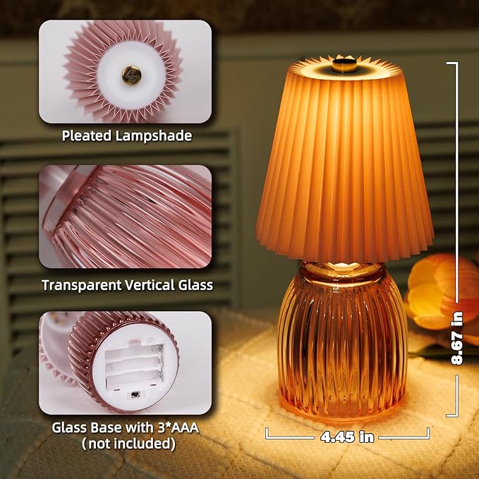 MJ PREMIER Small Battery Operated Lamp for Home Cordless Lamps with Timer 8.7 in High Battery Powered Pleated Lamp Emergency Small Lamps for Cozy Bedside Living Room Shelf Entryway Pink