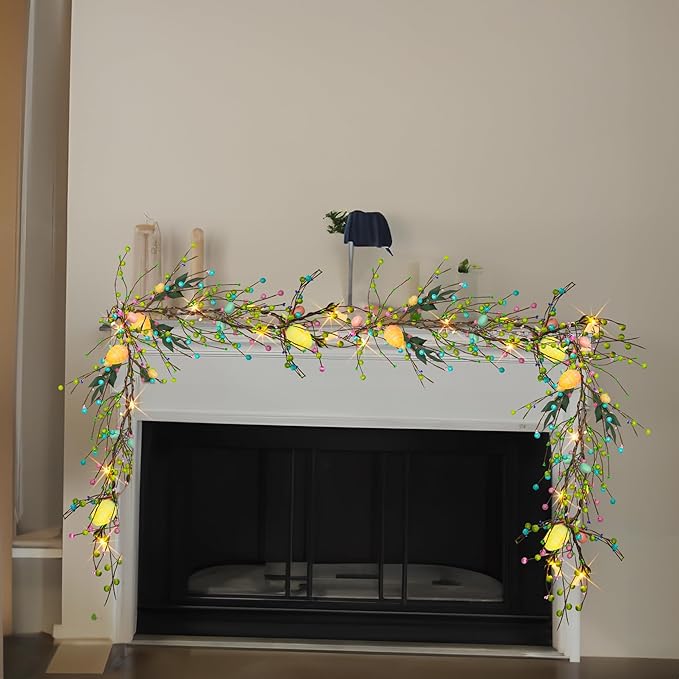 NEROSUN 6 FT Easter Egg Garland, 20 LED Battery Operated Lighted Garland with 8 Modes, Artificial Easter Garland for Indoor Outdoor Home Fireplace Party Door Decoration