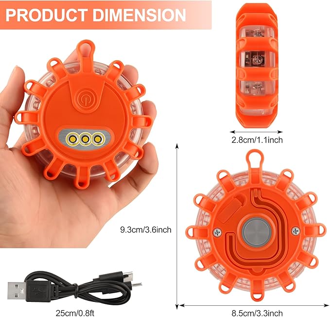 USB C Rechargeable LED Road Flares Emergency Lights with Magnetic Base, 9 Strobe Options Roadside Emergency Warning Car Safety Beacon Flashing Disc Flare Kit for Vehicles & Boat, 6 Pack
