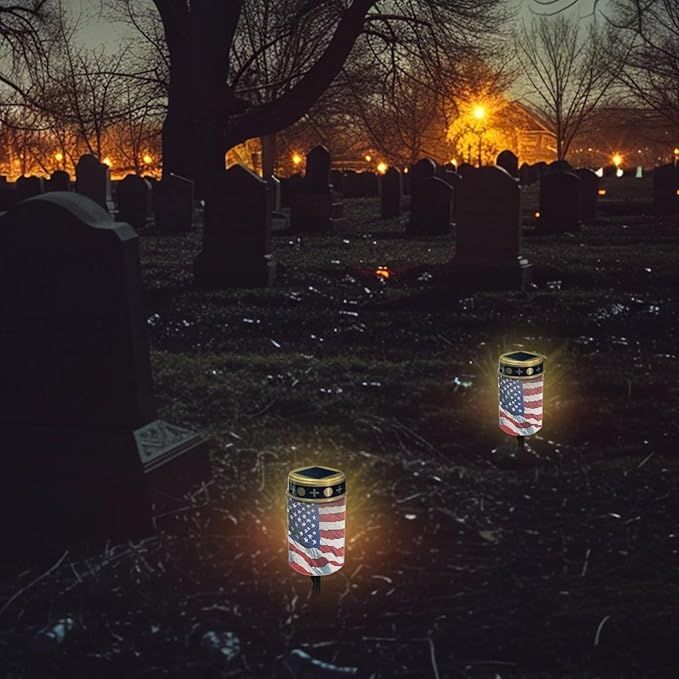 American Flag Light for Prayer Cemetery Solar Lights for Grave Cemetery Candle Lamp Garden Cemetery 4th of July Decorations