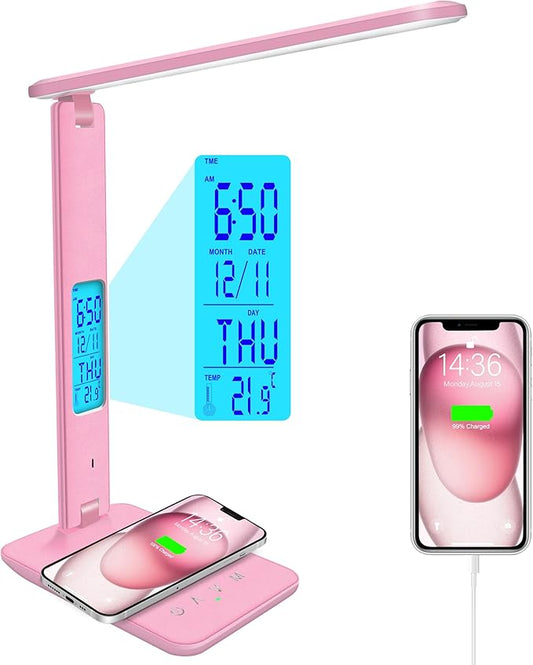 Desk Lamp with Wireless Charger，USB Charging Port, Dimmable Office Desk Light with Clock, Alarm, Date, Temperature, Foldable Lamp for Table Bedroom Bedside Office (Pink, Standard Size-13.3 inch)